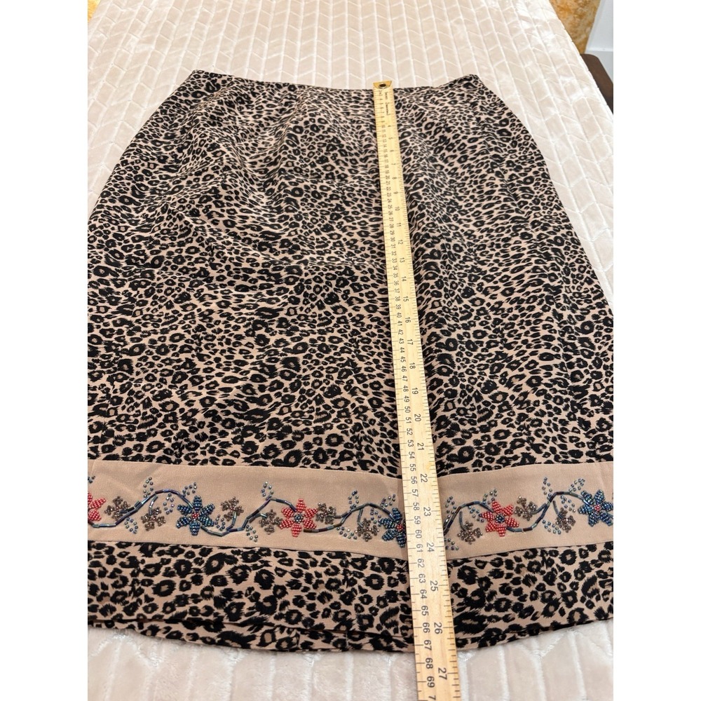 Vintage 90s Silk Club Skirt 14 Leopard Print Beaded Floral Boho Luxury Career - Picture 5 of 13